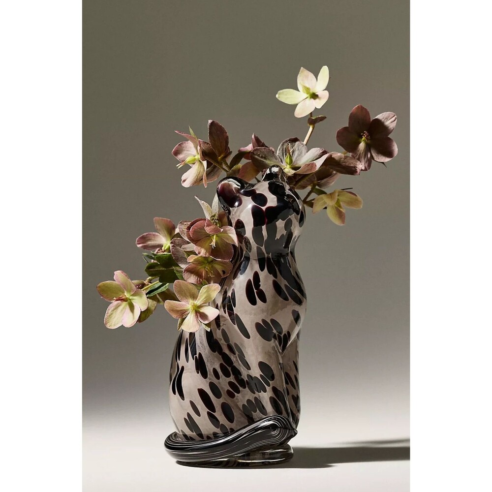 NEW Anthropologie Glass Cat Vase Leopard Print